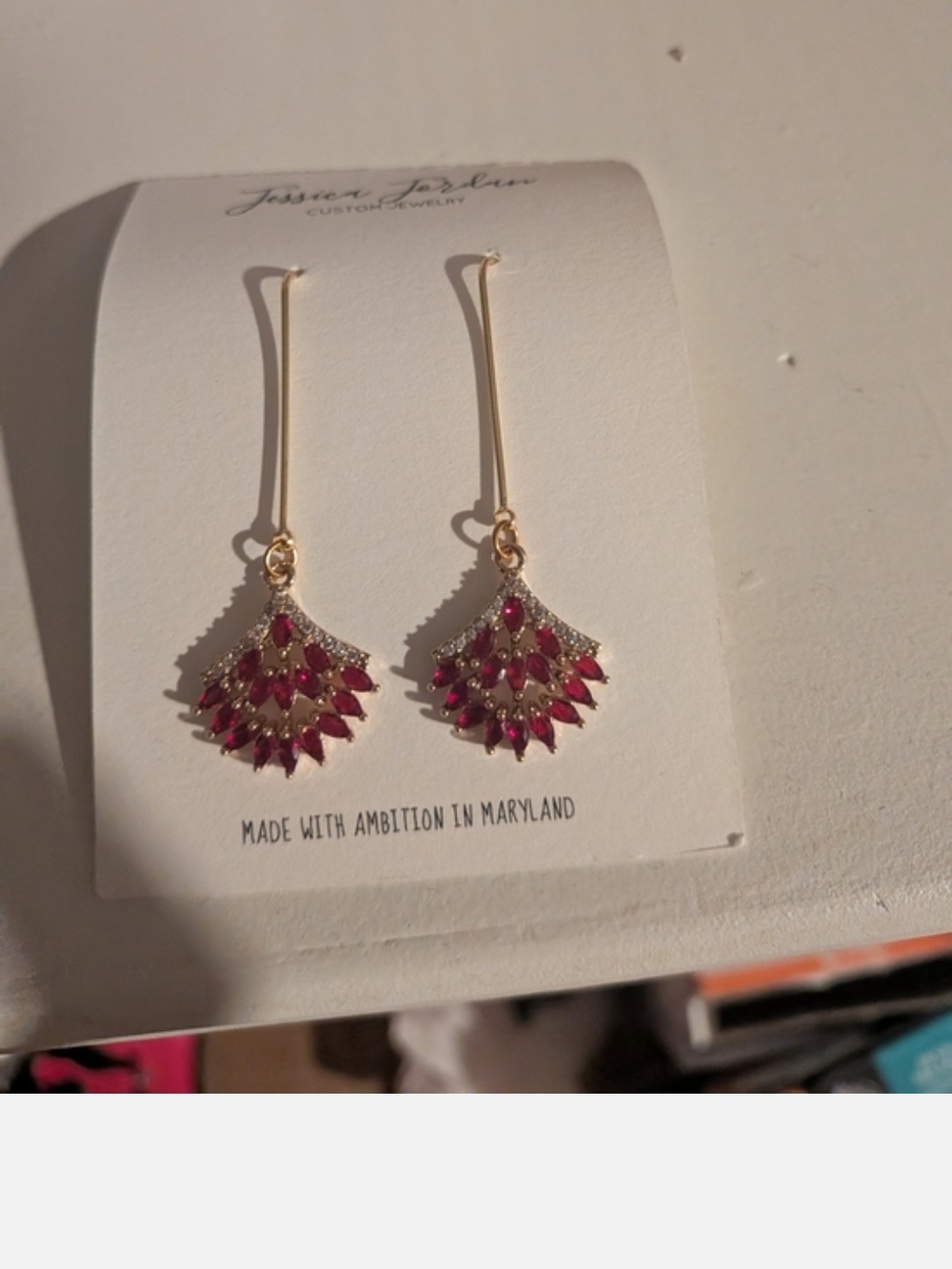 Gold Drop Earrings with Red Gem Accents Brand New